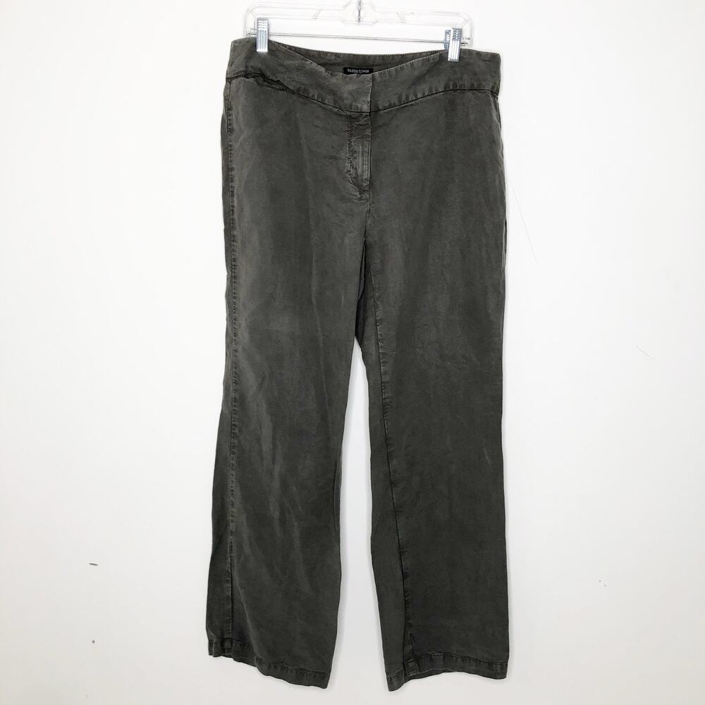 Eileen Fisher Lyocell Linen Blend Flat Front Pants 14 Petites Straight Wide Leg